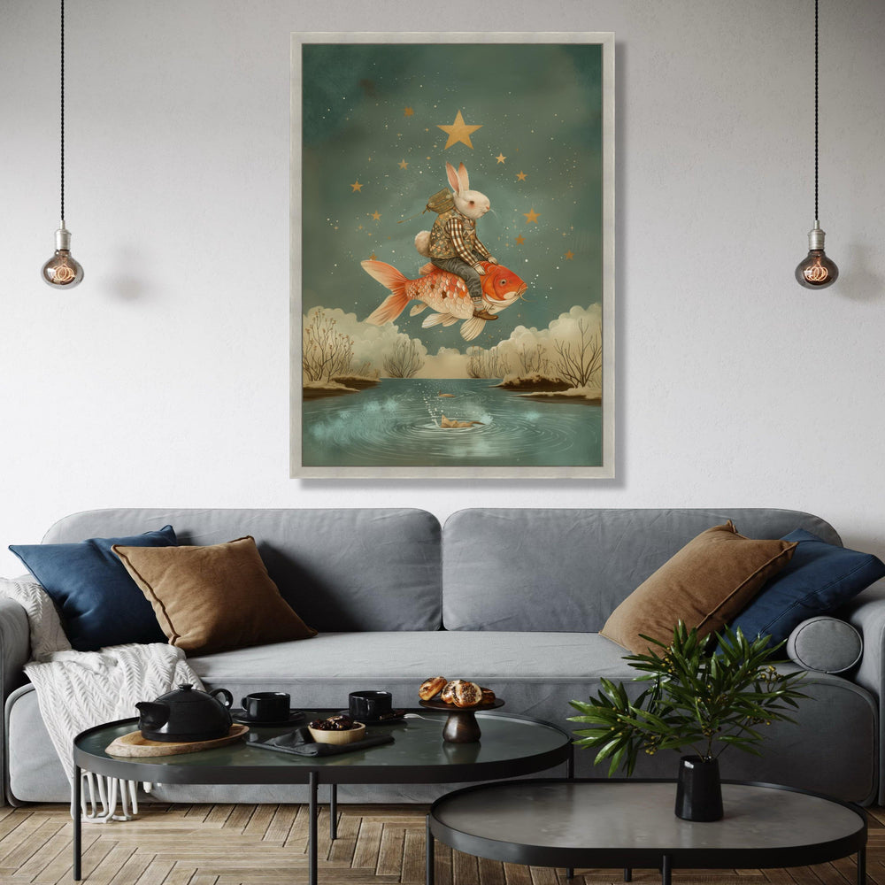 Whimsical Rabbit Riding Koi Fish, Fantasy Starry Sky Canvas, Surreal Animal Art, Dreamlike Nature Wall Decor, Gift Art, Home Decor, Print