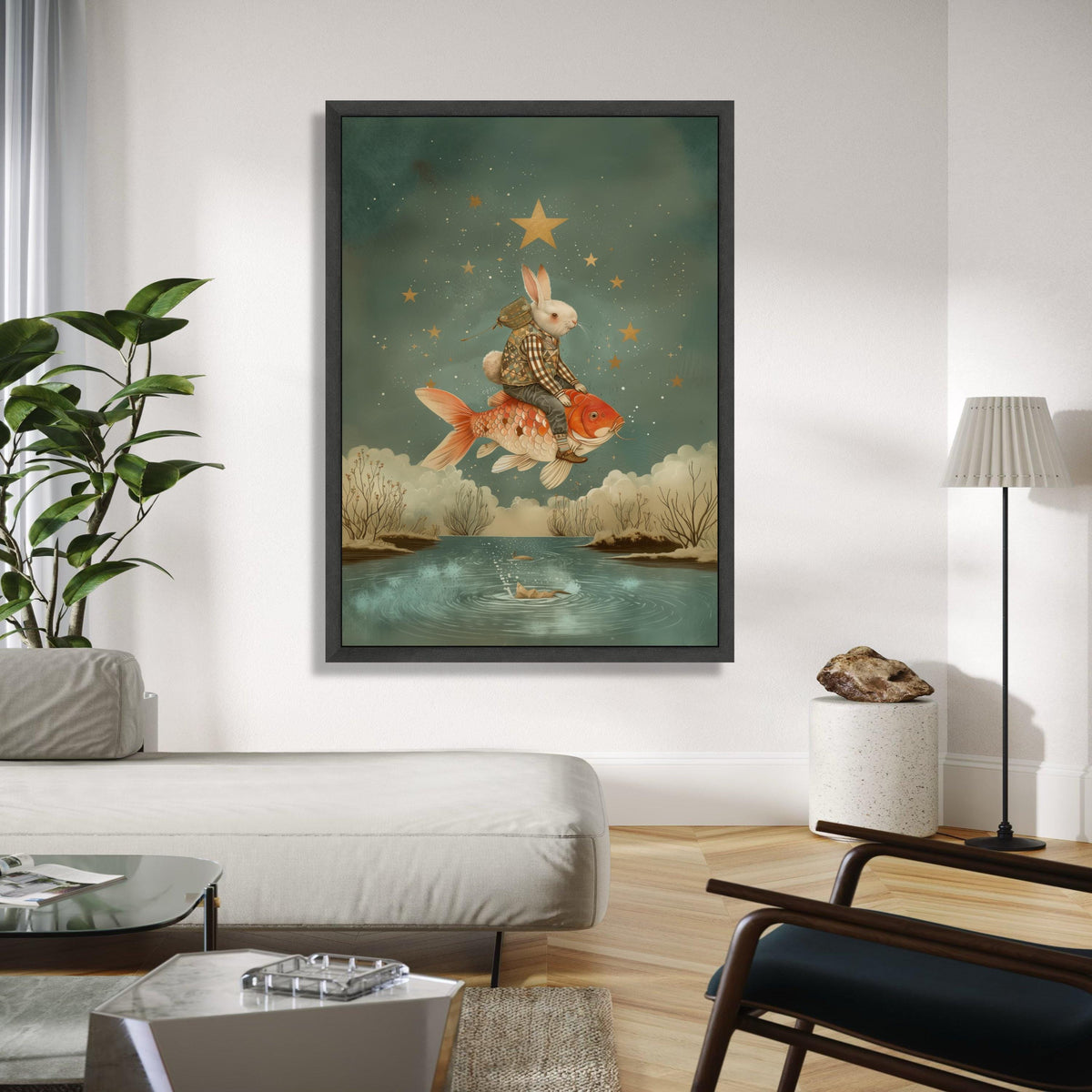 Whimsical Rabbit Riding Koi Fish, Fantasy Starry Sky Canvas, Surreal Animal Art, Dreamlike Nature Wall Decor, Gift Art, Home Decor, Print