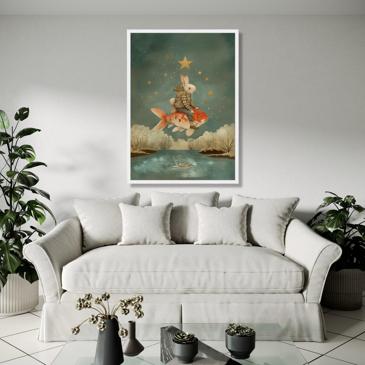 Whimsical Rabbit Riding Koi Fish, Fantasy Starry Sky Canvas, Surreal Animal Art, Dreamlike Nature Wall Decor, Gift Art, Home Decor, Print