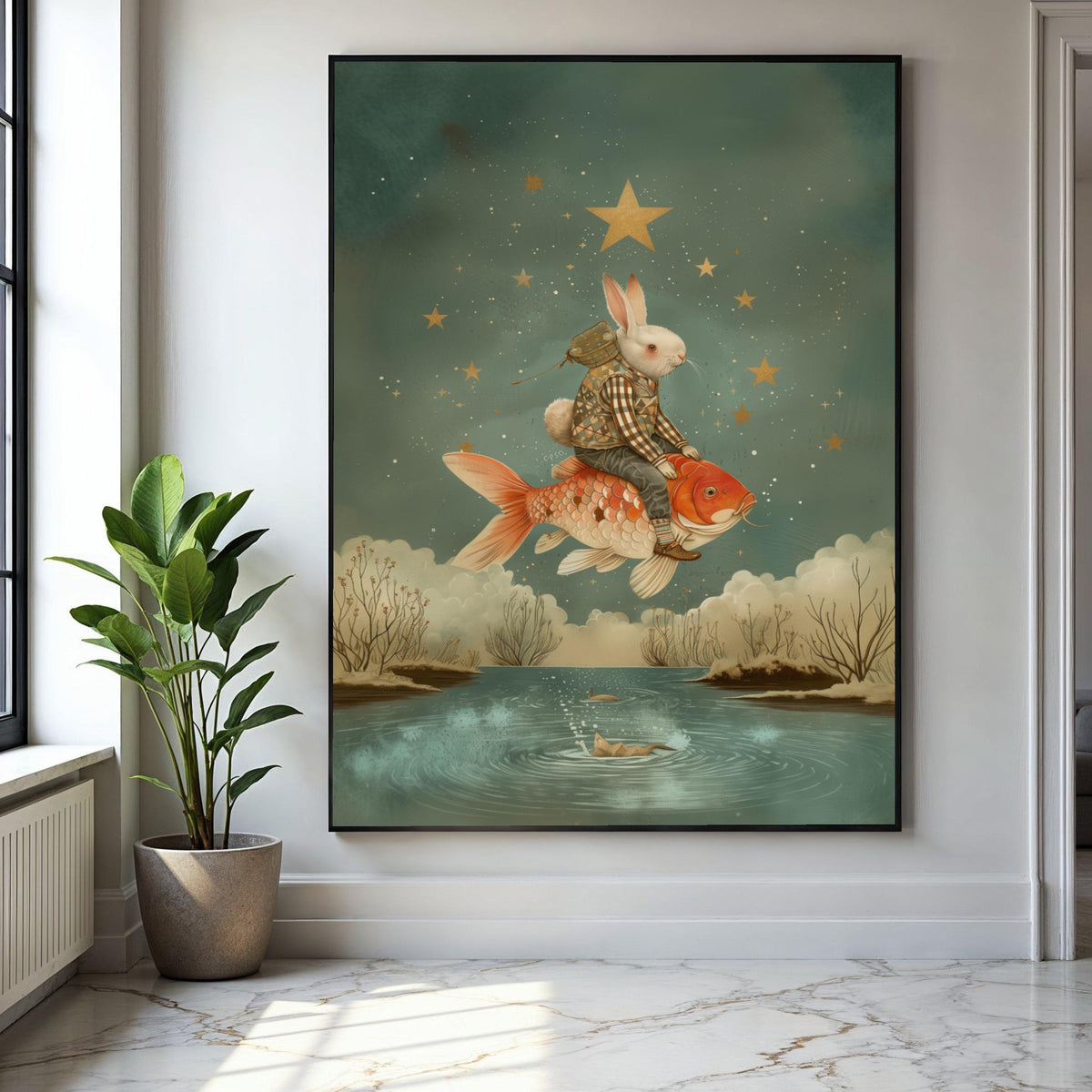 Whimsical Rabbit Riding Koi Fish, Fantasy Starry Sky Canvas, Surreal Animal Art, Dreamlike Nature Wall Decor, Gift Art, Home Decor, Print