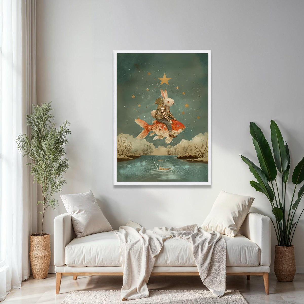 Whimsical Rabbit Riding Koi Fish, Fantasy Starry Sky Canvas, Surreal Animal Art, Dreamlike Nature Wall Decor, Gift Art, Home Decor, Print