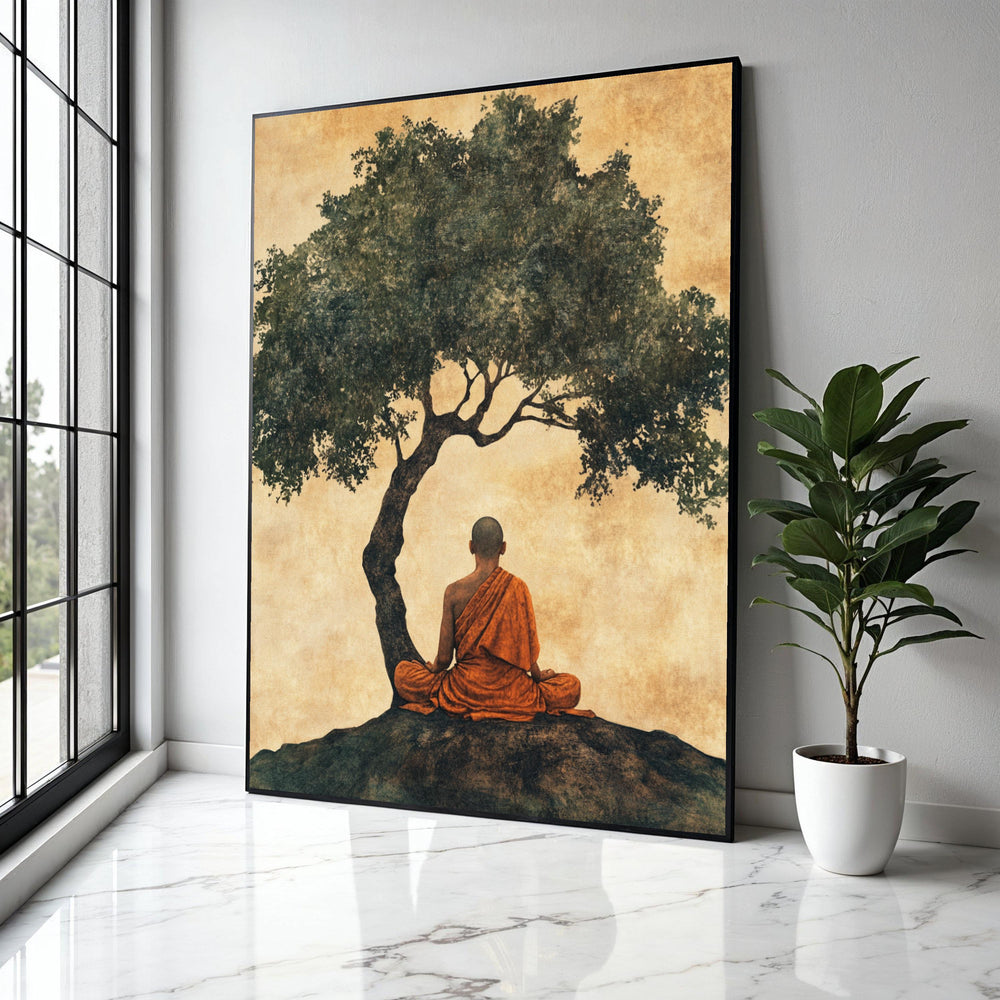 Meditating Buddhist Monk Canvas, Peaceful Zen Wall Art, Spiritual Home Decor, Tree Silhouette Artwork, Gift Art, Home Decor, Print