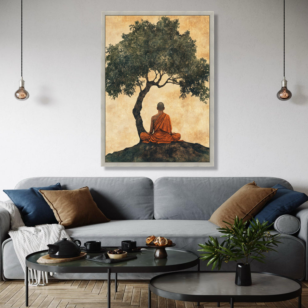 Meditating Buddhist Monk Canvas, Peaceful Zen Wall Art, Spiritual Home Decor, Tree Silhouette Artwork, Gift Art, Home Decor, Print