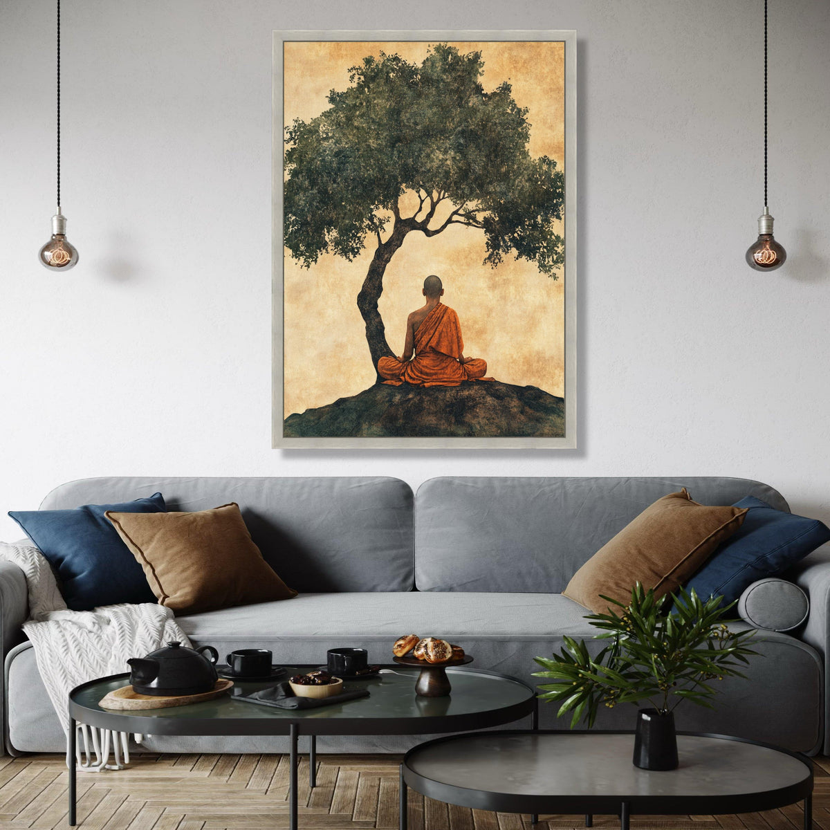 Meditating Buddhist Monk Canvas, Peaceful Zen Wall Art, Spiritual Home Decor, Tree Silhouette Artwork, Gift Art, Home Decor, Print