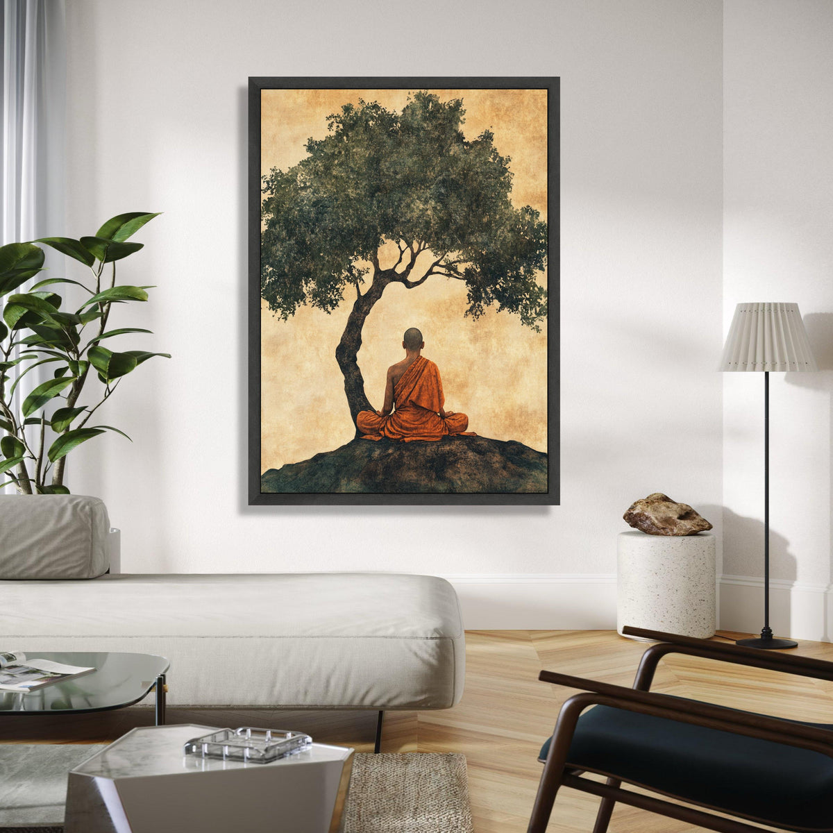 Meditating Buddhist Monk Canvas, Peaceful Zen Wall Art, Spiritual Home Decor, Tree Silhouette Artwork, Gift Art, Home Decor, Print