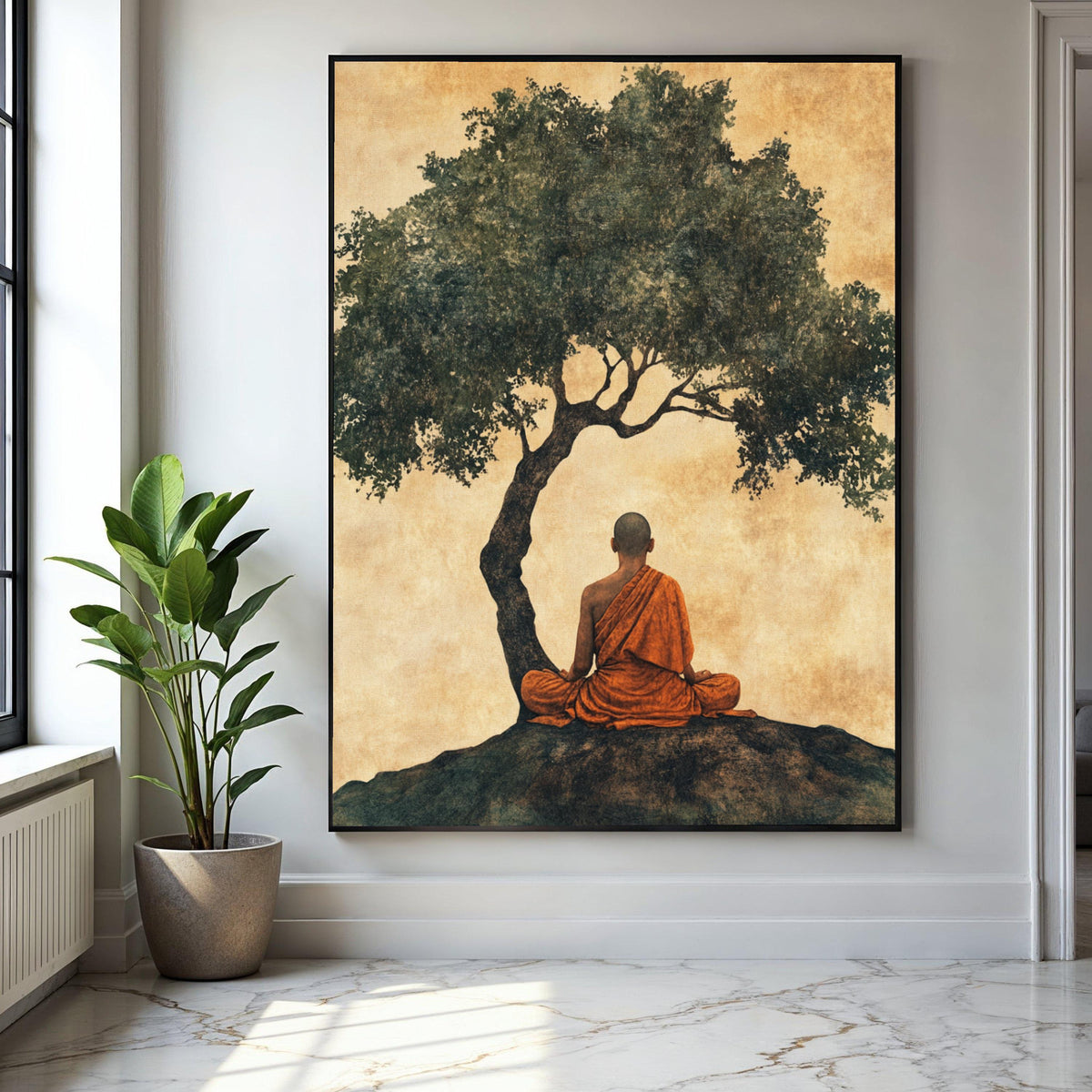Meditating Buddhist Monk Canvas, Peaceful Zen Wall Art, Spiritual Home Decor, Tree Silhouette Artwork, Gift Art, Home Decor, Print