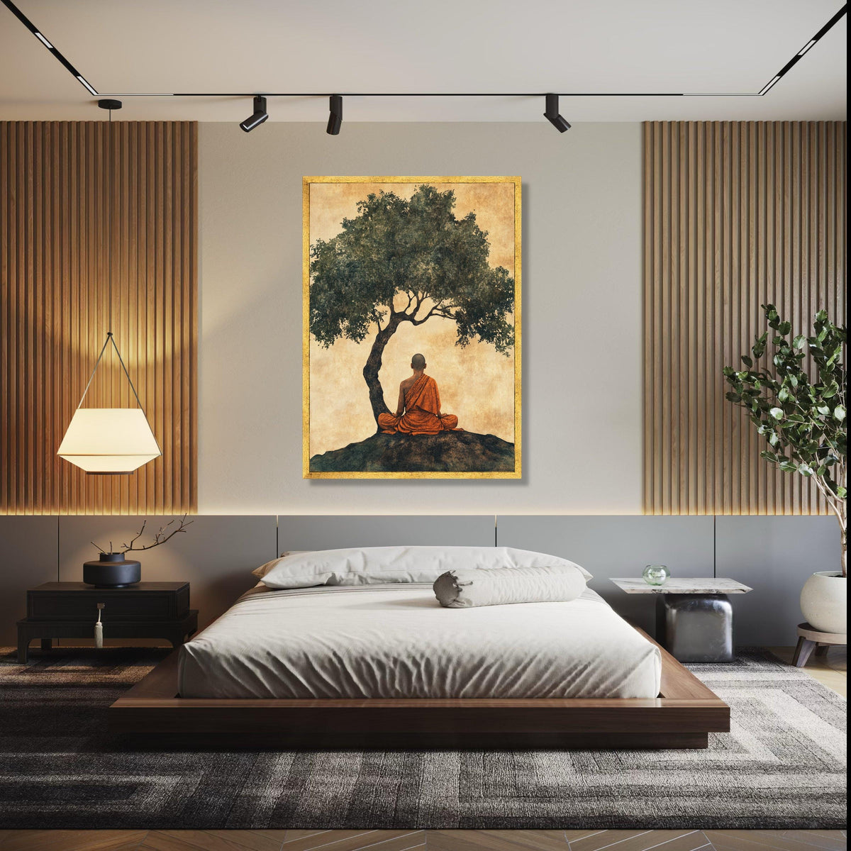 Meditating Buddhist Monk Canvas, Peaceful Zen Wall Art, Spiritual Home Decor, Tree Silhouette Artwork, Gift Art, Home Decor, Print
