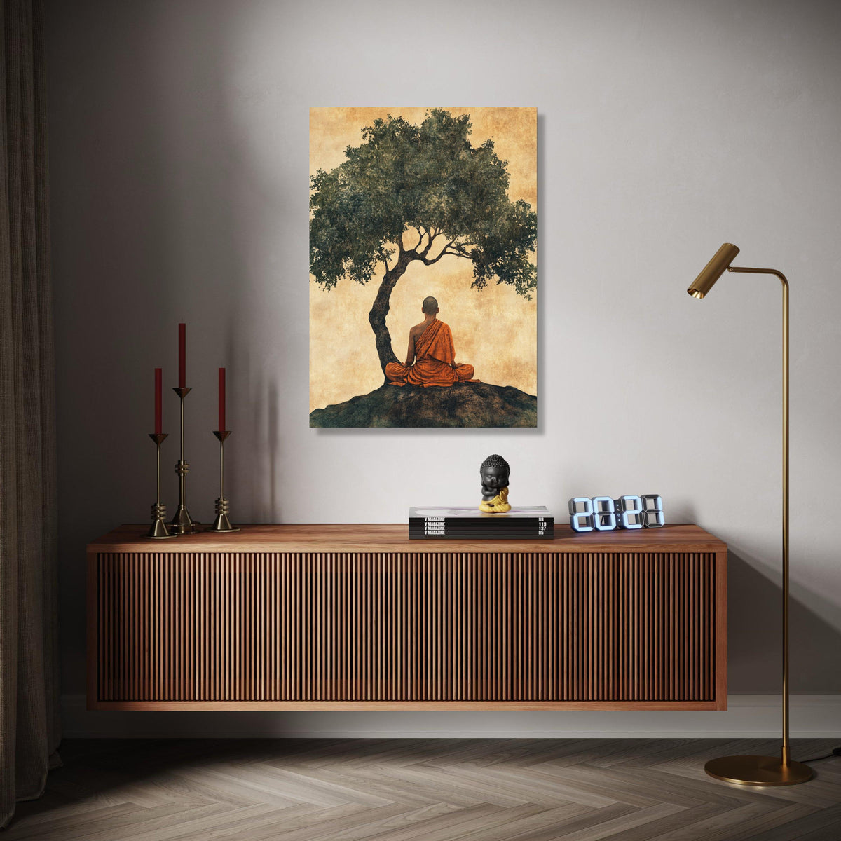 Meditating Buddhist Monk Canvas, Peaceful Zen Wall Art, Spiritual Home Decor, Tree Silhouette Artwork, Gift Art, Home Decor, Print