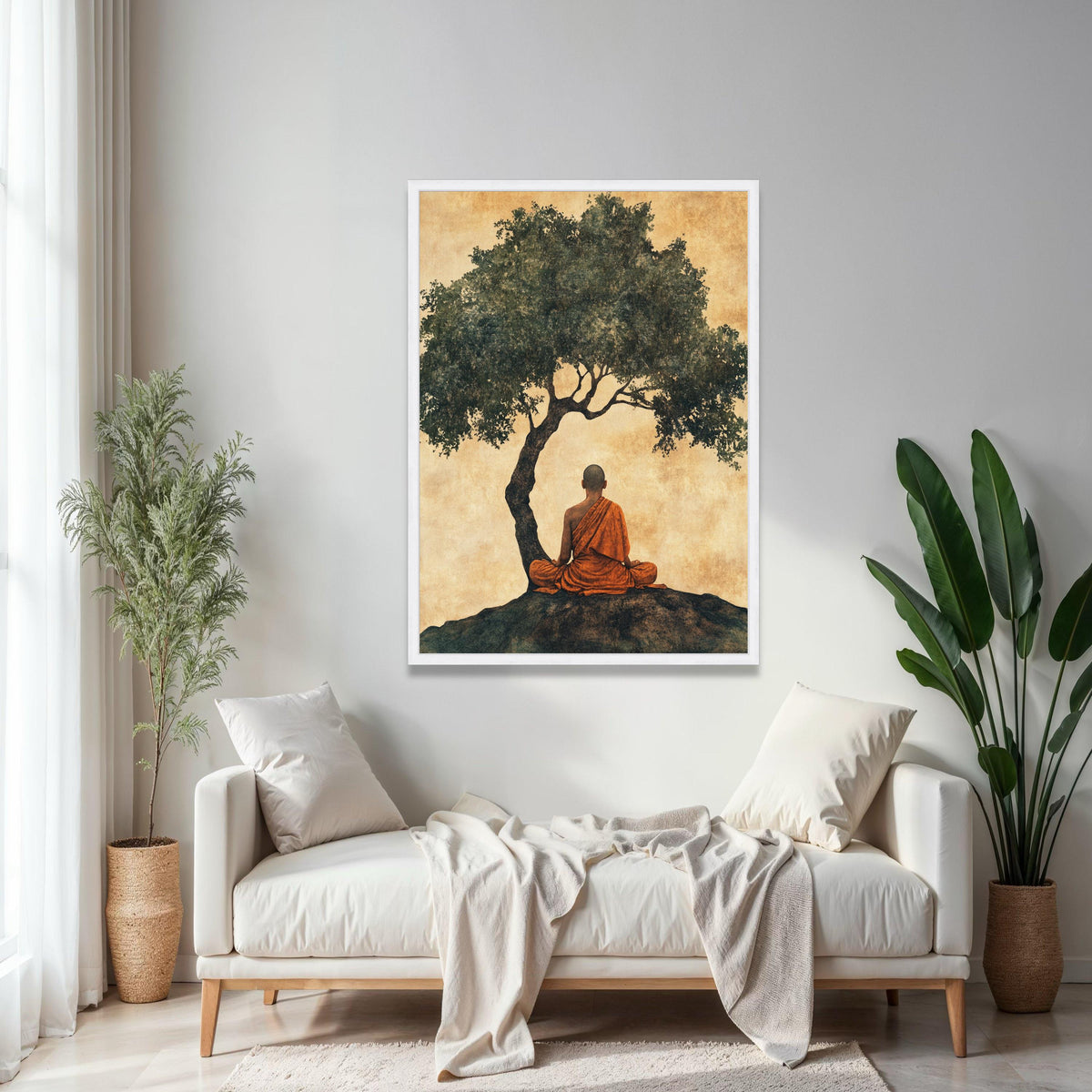 Meditating Buddhist Monk Canvas, Peaceful Zen Wall Art, Spiritual Home Decor, Tree Silhouette Artwork, Gift Art, Home Decor, Print
