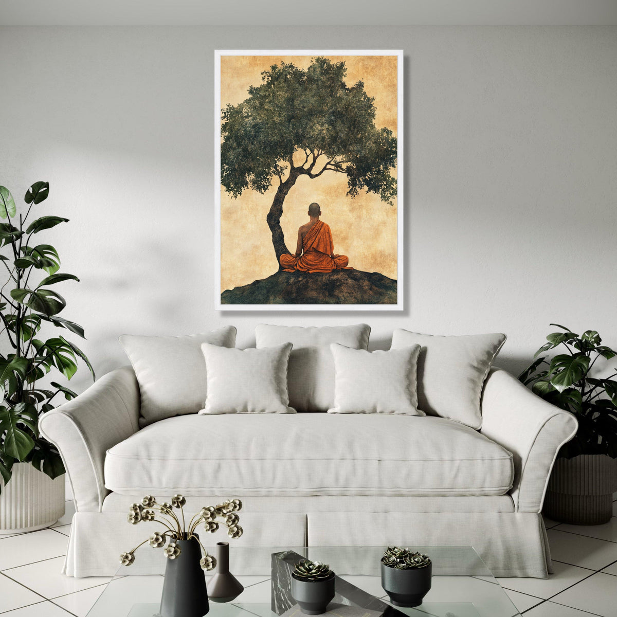 Meditating Buddhist Monk Canvas, Peaceful Zen Wall Art, Spiritual Home Decor, Tree Silhouette Artwork, Gift Art, Home Decor, Print