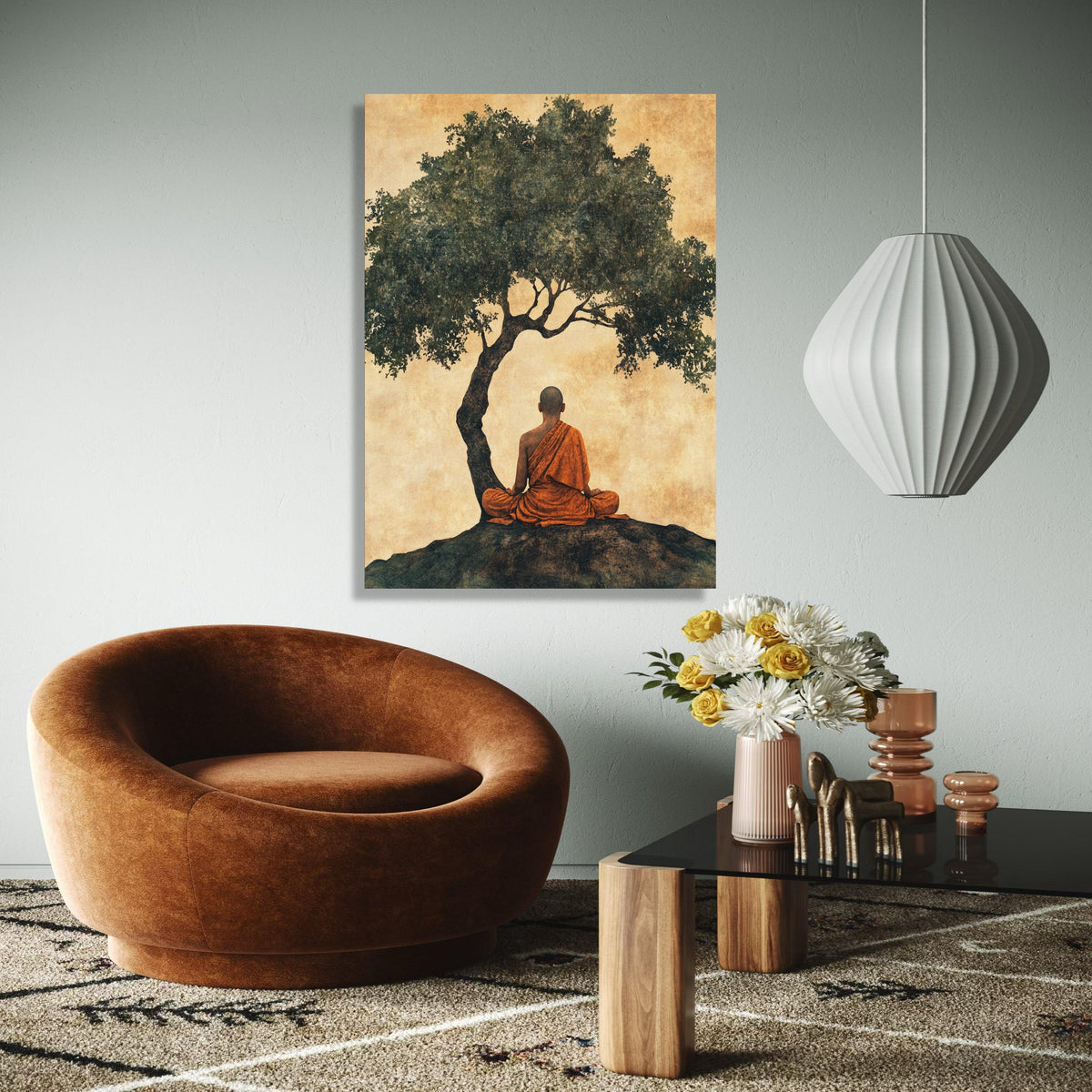 Meditating Buddhist Monk Canvas, Peaceful Zen Wall Art, Spiritual Home Decor, Tree Silhouette Artwork, Gift Art, Home Decor, Print