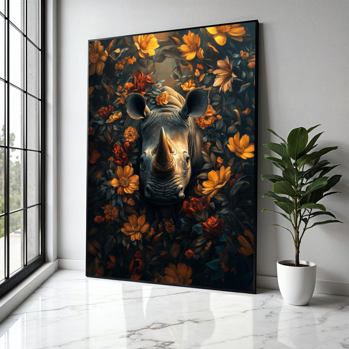 Majestic Rhino Portrait Canvas, Floral Surround Wall Art, Wildlife Nature Painting, Botanical Animal Decor, Gift Art, Home Decor, Print