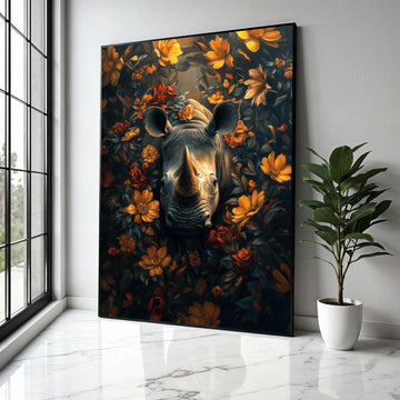 Majestic Rhino Portrait Canvas, Floral Surround Wall Art, Wildlife Nature Painting, Botanical Animal Decor, Gift Art, Home Decor, Print