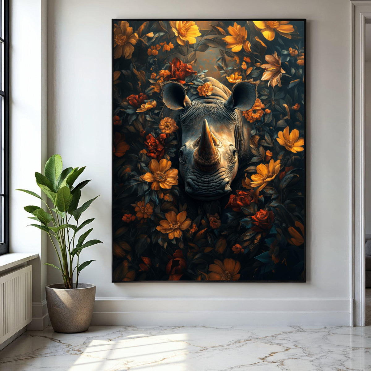 Majestic Rhino Portrait Canvas, Floral Surround Wall Art, Wildlife Nature Painting, Botanical Animal Decor, Gift Art, Home Decor, Print