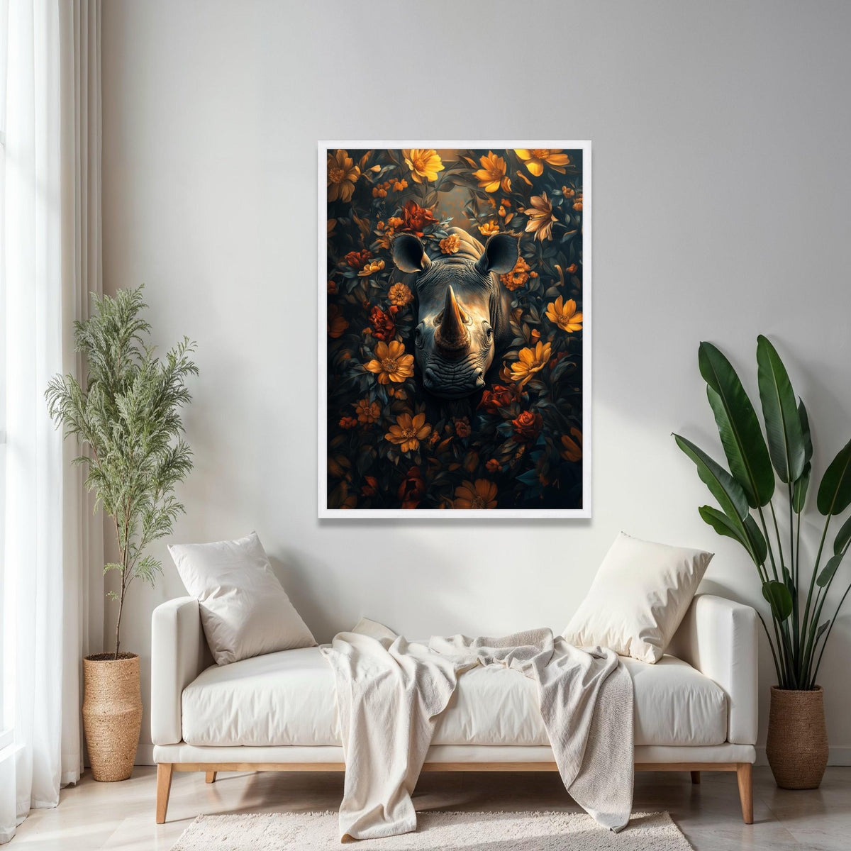 Majestic Rhino Portrait Canvas, Floral Surround Wall Art, Wildlife Nature Painting, Botanical Animal Decor, Gift Art, Home Decor, Print