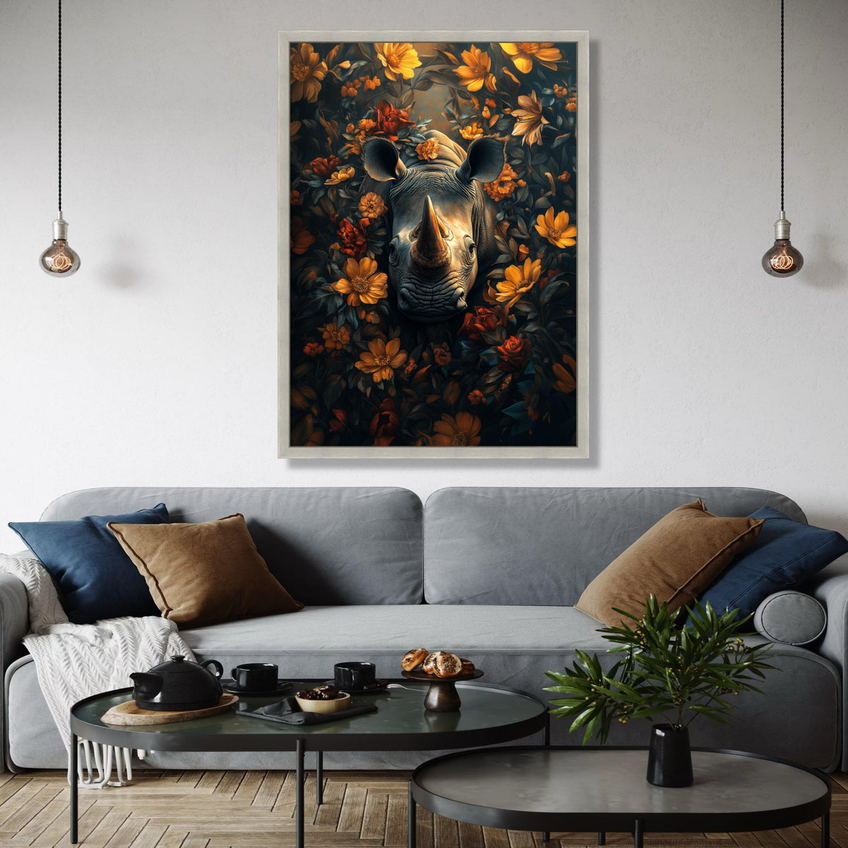 Majestic Rhino Portrait Canvas, Floral Surround Wall Art, Wildlife Nature Painting, Botanical Animal Decor, Gift Art, Home Decor, Print