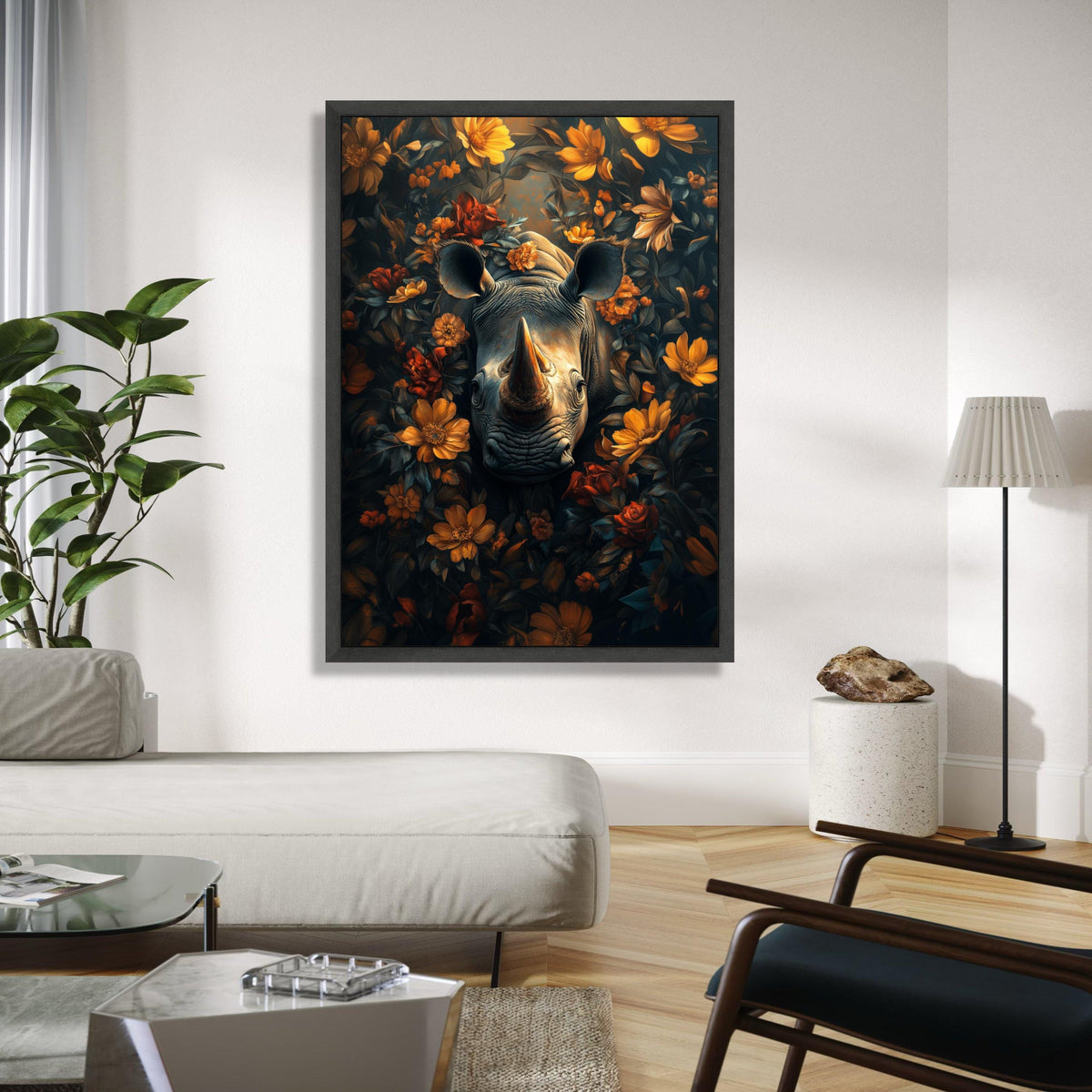 Majestic Rhino Portrait Canvas, Floral Surround Wall Art, Wildlife Nature Painting, Botanical Animal Decor, Gift Art, Home Decor, Print