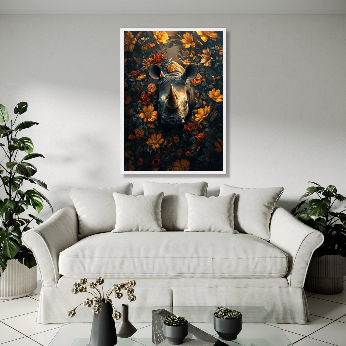Majestic Rhino Portrait Canvas, Floral Surround Wall Art, Wildlife Nature Painting, Botanical Animal Decor, Gift Art, Home Decor, Print