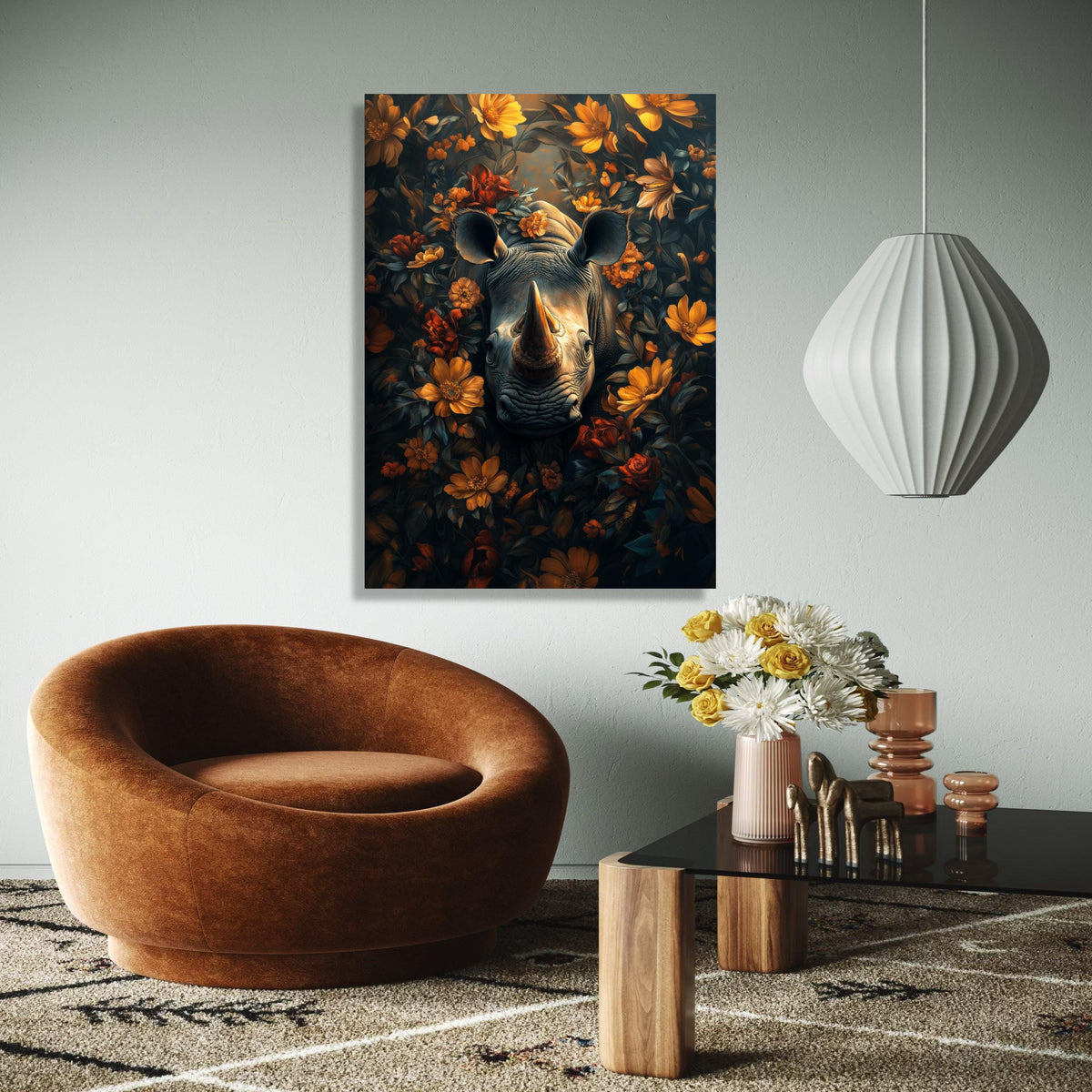 Majestic Rhino Portrait Canvas, Floral Surround Wall Art, Wildlife Nature Painting, Botanical Animal Decor, Gift Art, Home Decor, Print