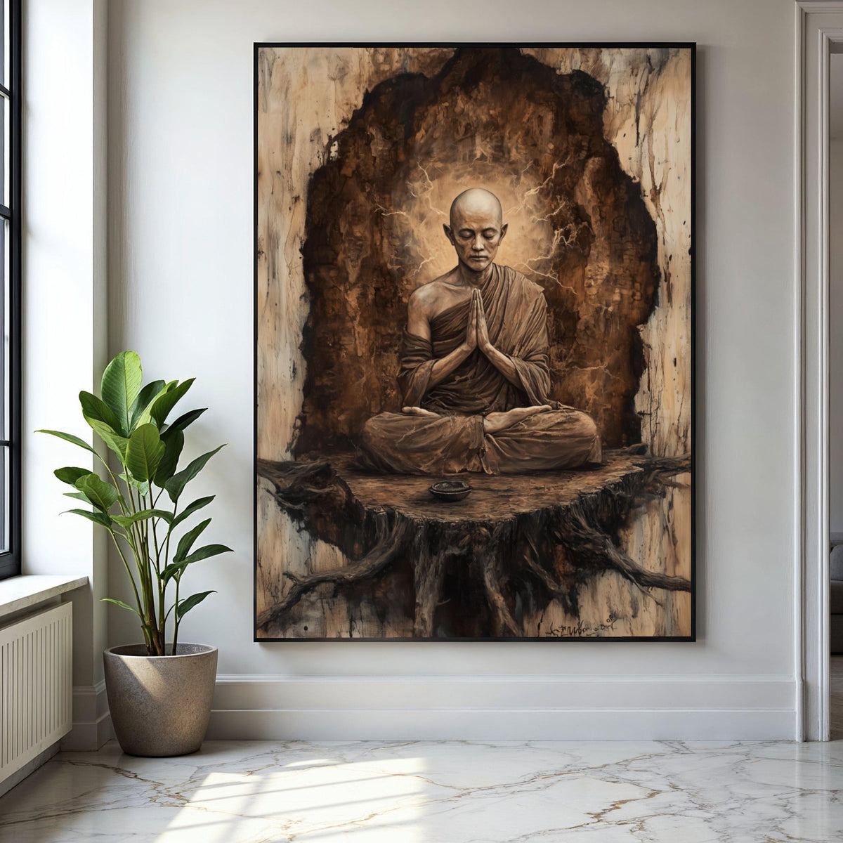 Meditative Buddhist Monk Canvas Wall Art, Zen Spirituality Painting, Tranquil Meditation Decor, Mindfulness Home Gift Art, Home Decor, Print