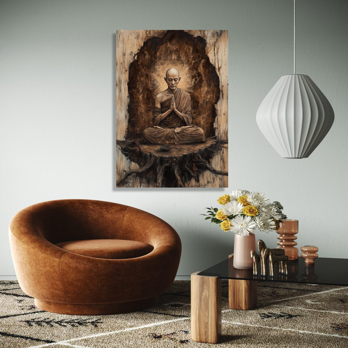 Meditative Buddhist Monk Canvas Wall Art, Zen Spirituality Painting, Tranquil Meditation Decor, Mindfulness Home Gift Art, Home Decor, Print