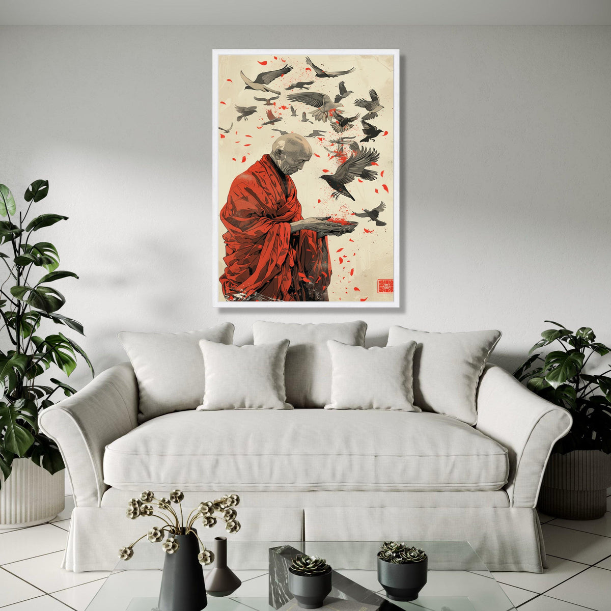 Serene Monk with Bird Flight Canvas, Spiritual Wall Art, Red Robe Illustration, Peaceful Meditation Canvas, Gift Art, Home Decor, Print