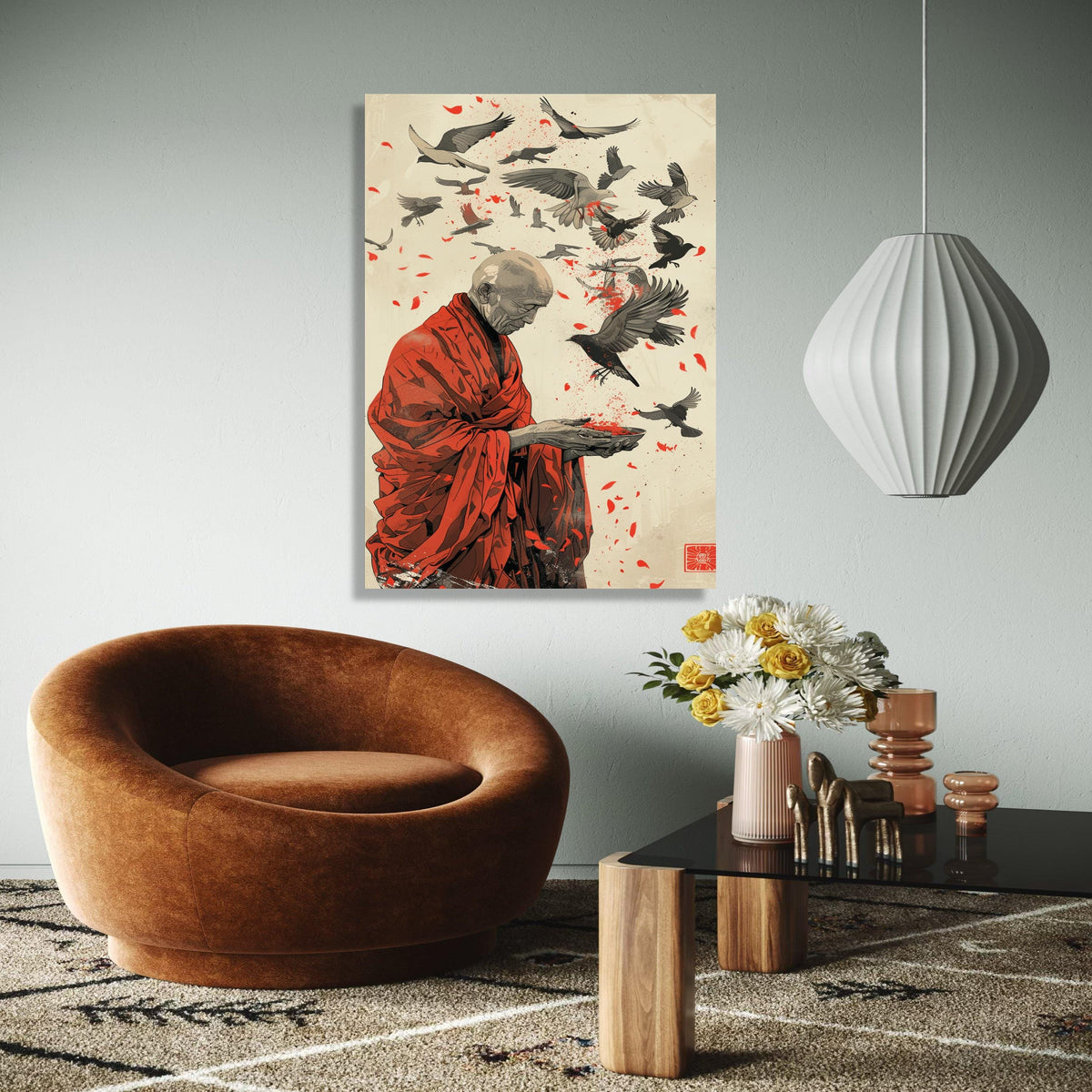 Serene Monk with Bird Flight Canvas, Spiritual Wall Art, Red Robe Illustration, Peaceful Meditation Canvas, Gift Art, Home Decor, Print