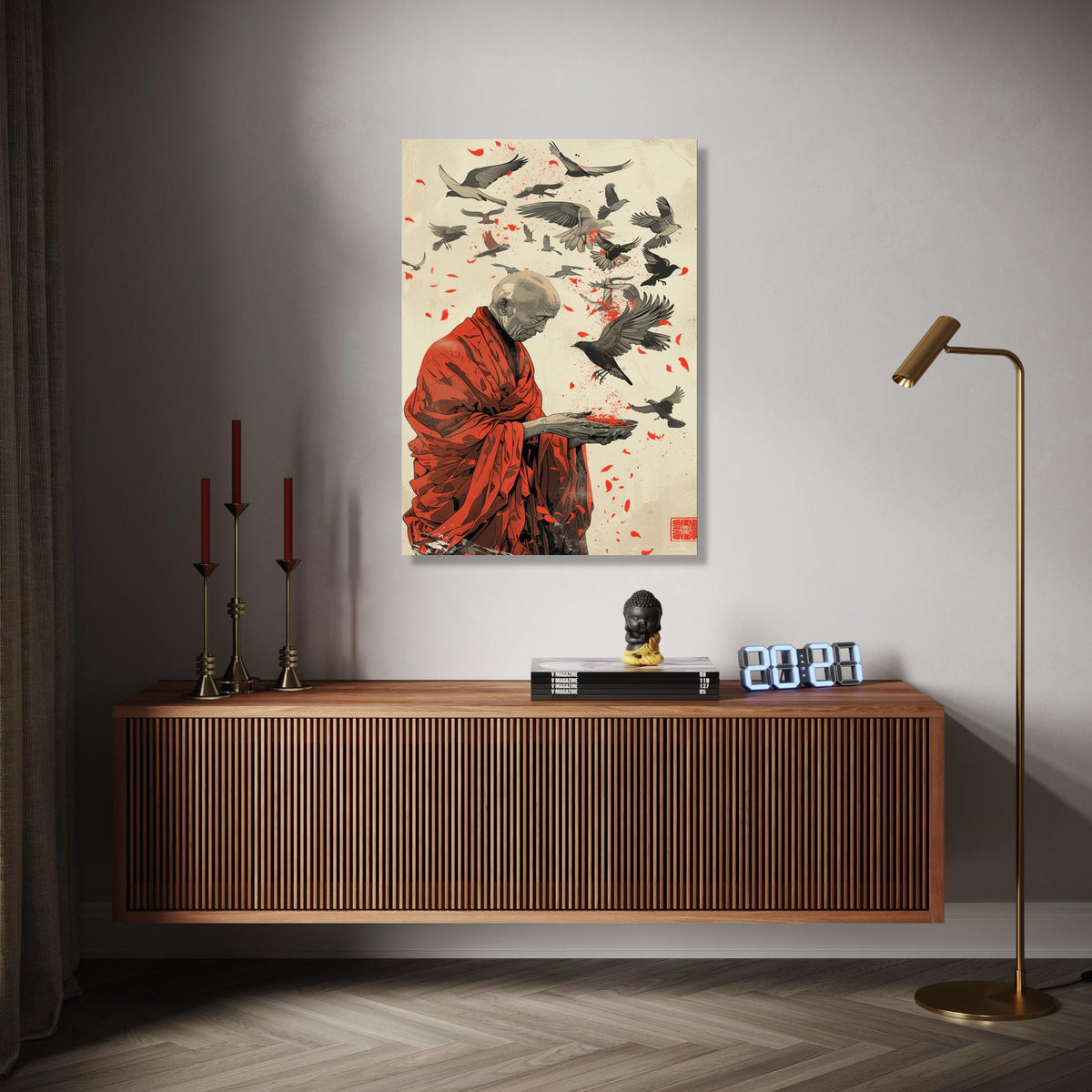 Serene Monk with Bird Flight Canvas, Spiritual Wall Art, Red Robe Illustration, Peaceful Meditation Canvas, Gift Art, Home Decor, Print
