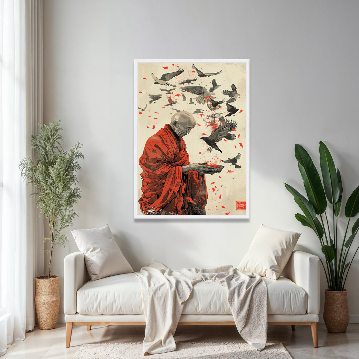 Serene Monk with Bird Flight Canvas, Spiritual Wall Art, Red Robe Illustration, Peaceful Meditation Canvas, Gift Art, Home Decor, Print