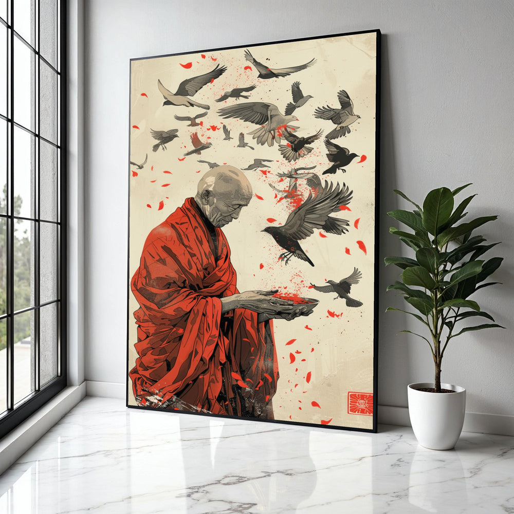 Serene Monk with Bird Flight Canvas, Spiritual Wall Art, Red Robe Illustration, Peaceful Meditation Canvas, Gift Art, Home Decor, Print