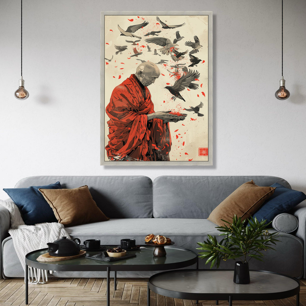 Serene Monk with Bird Flight Canvas, Spiritual Wall Art, Red Robe Illustration, Peaceful Meditation Canvas, Gift Art, Home Decor, Print