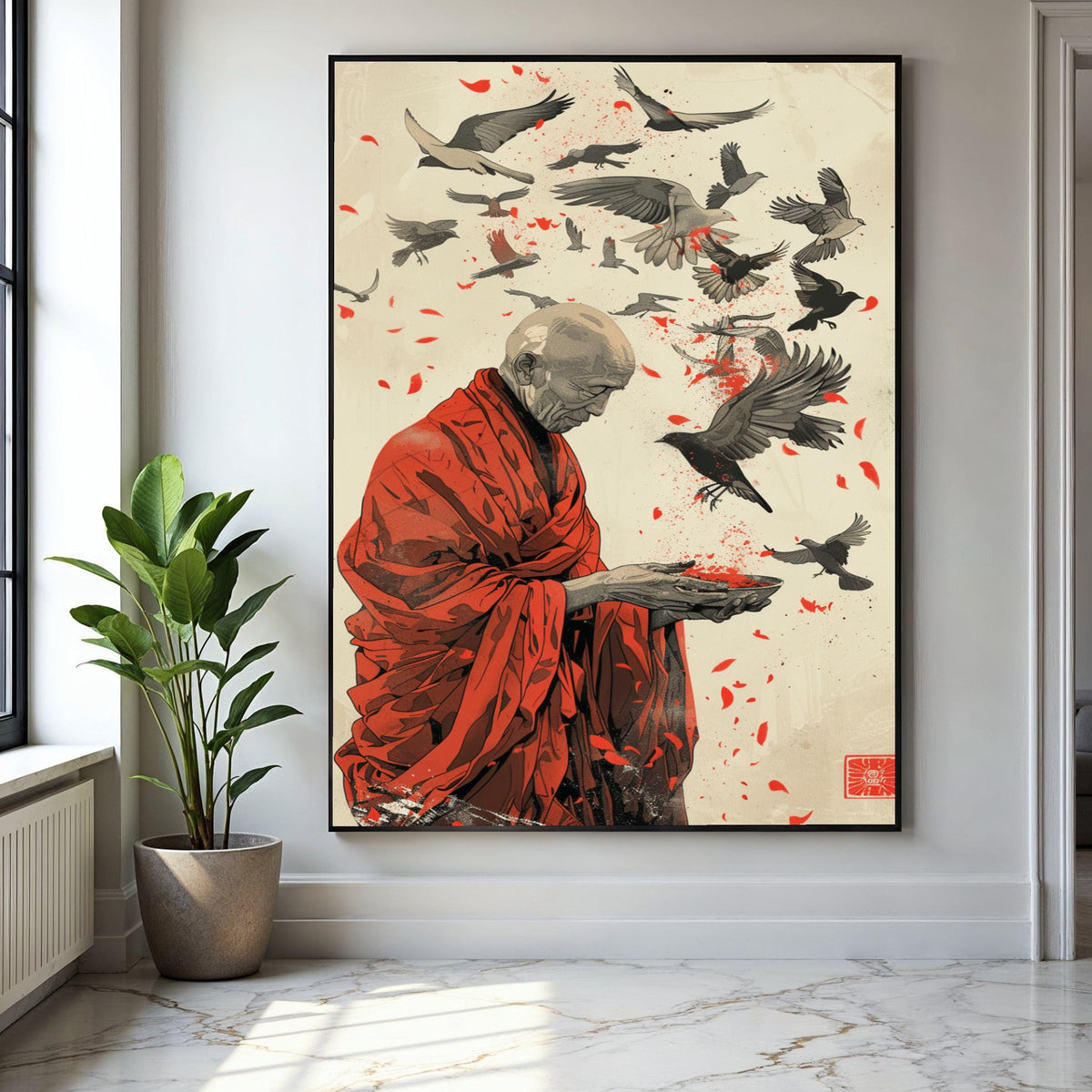 Serene Monk with Bird Flight Canvas, Spiritual Wall Art, Red Robe Illustration, Peaceful Meditation Canvas, Gift Art, Home Decor, Print