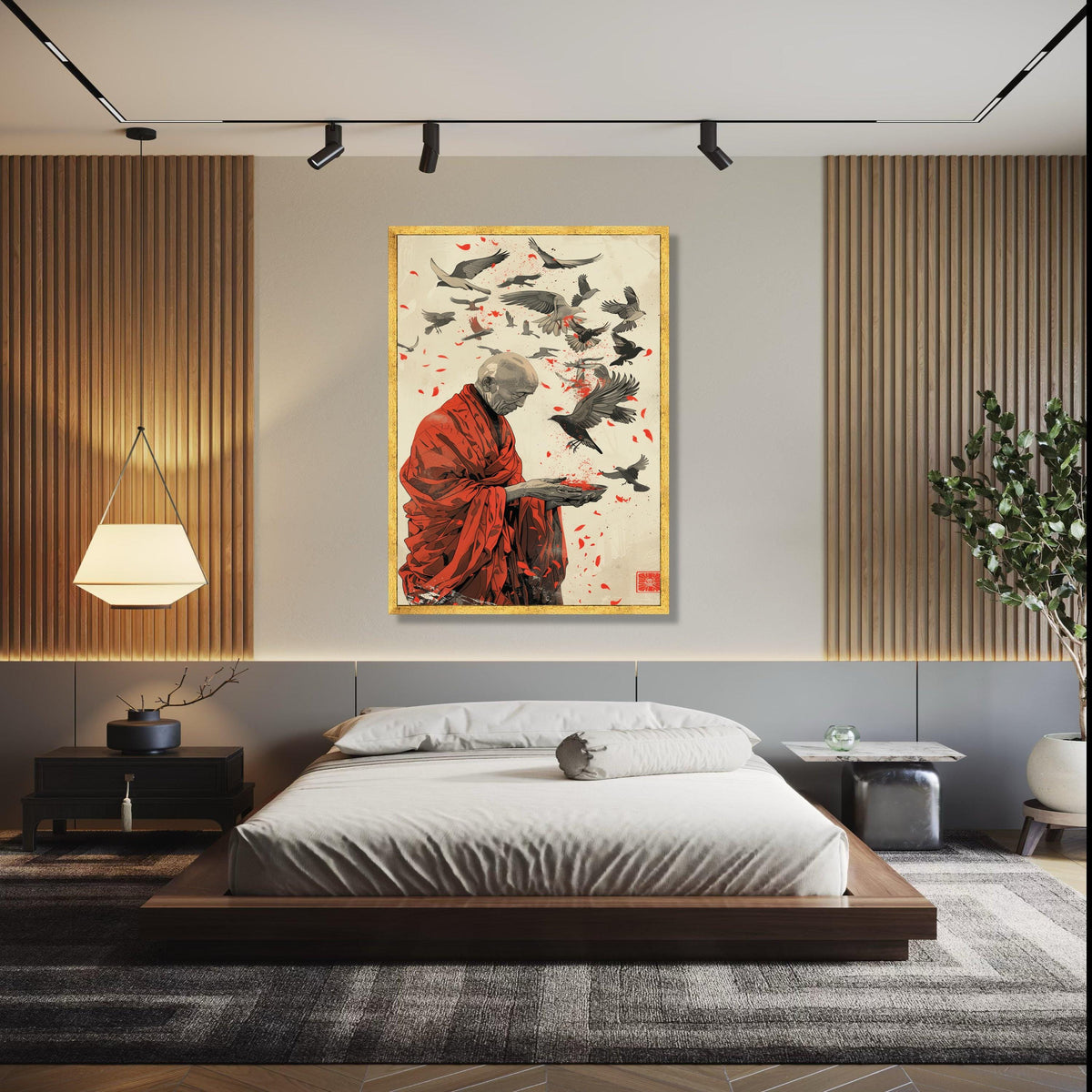 Serene Monk with Bird Flight Canvas, Spiritual Wall Art, Red Robe Illustration, Peaceful Meditation Canvas, Gift Art, Home Decor, Print