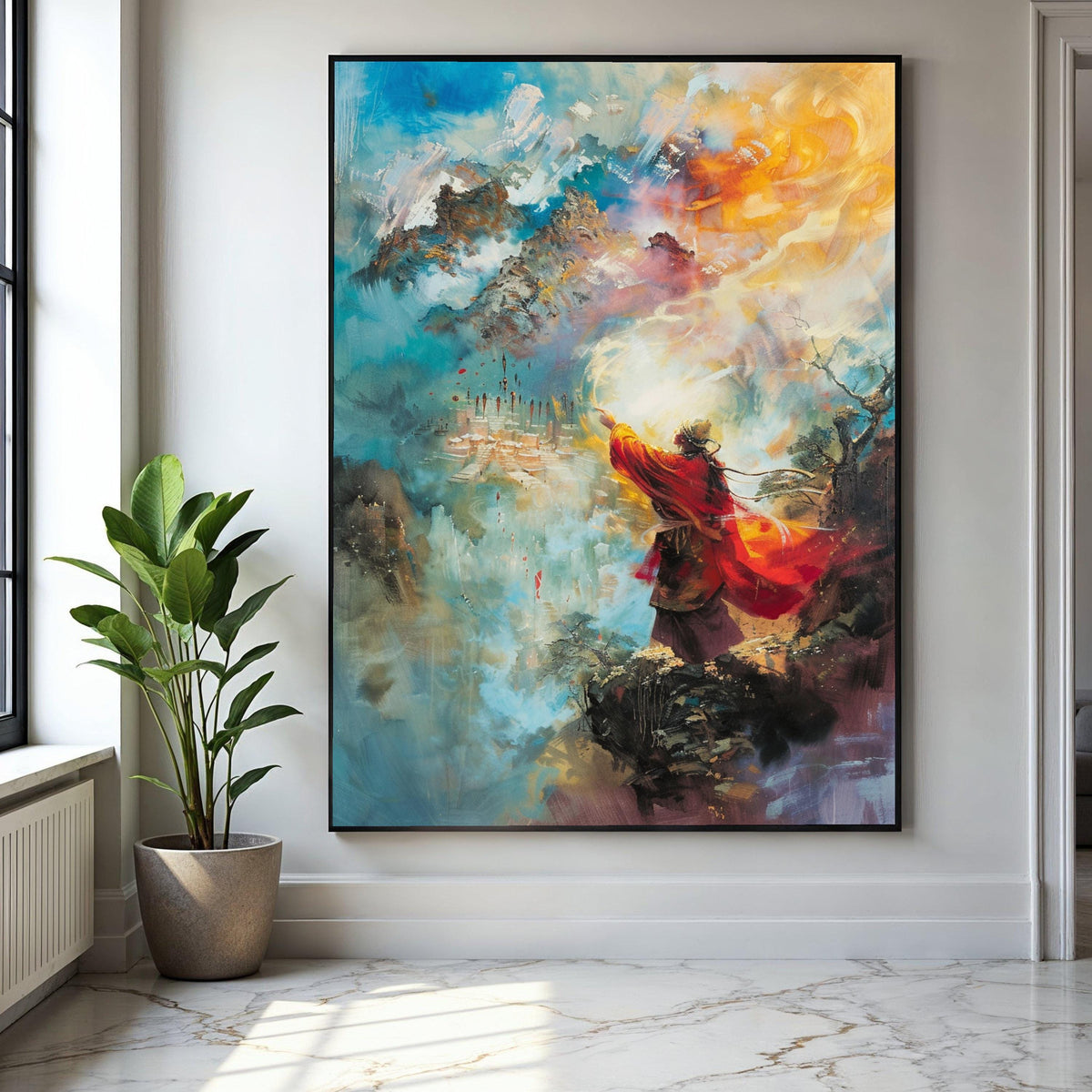 Mystical Mountain Sage Canvas, Spiritual Abstract Wall Art, Vibrant Red Robe Figure, Fantasy Landscape Canvas, Gift Art, Home Decor, Print