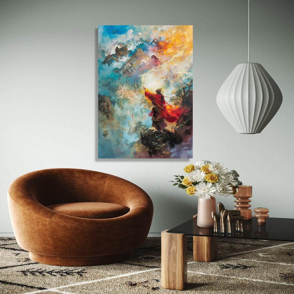 Mystical Mountain Sage Canvas, Spiritual Abstract Wall Art, Vibrant Red Robe Figure, Fantasy Landscape Canvas, Gift Art, Home Decor, Print