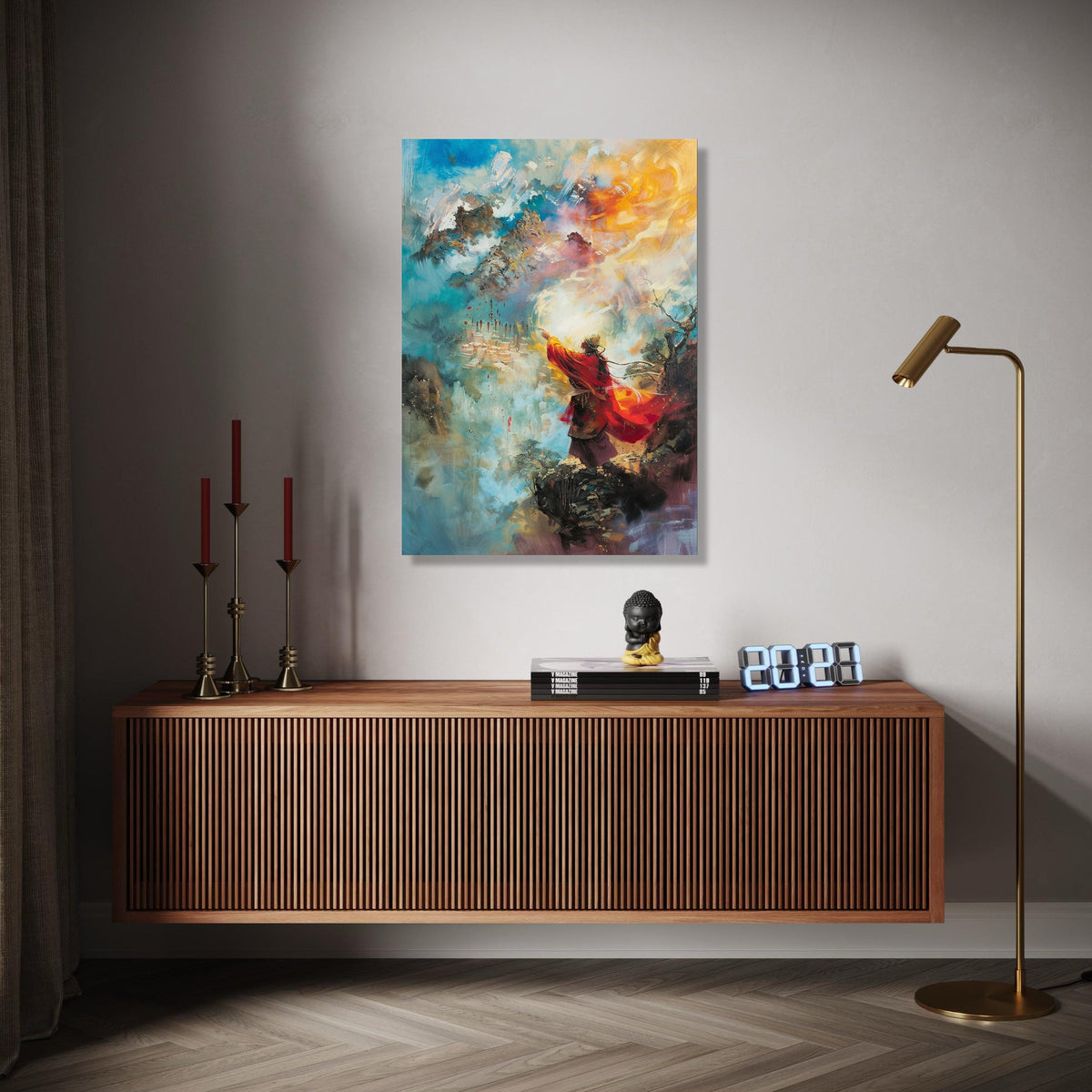 Mystical Mountain Sage Canvas, Spiritual Abstract Wall Art, Vibrant Red Robe Figure, Fantasy Landscape Canvas, Gift Art, Home Decor, Print