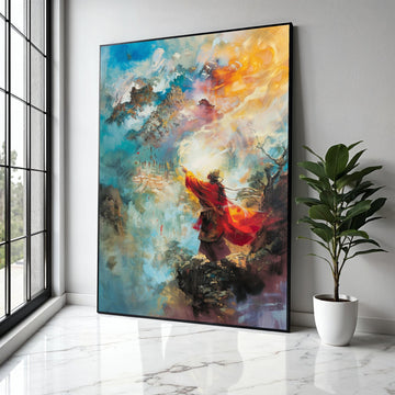 Mystical Mountain Sage Canvas, Spiritual Abstract Wall Art, Vibrant Red Robe Figure, Fantasy Landscape Canvas, Gift Art, Home Decor, Print