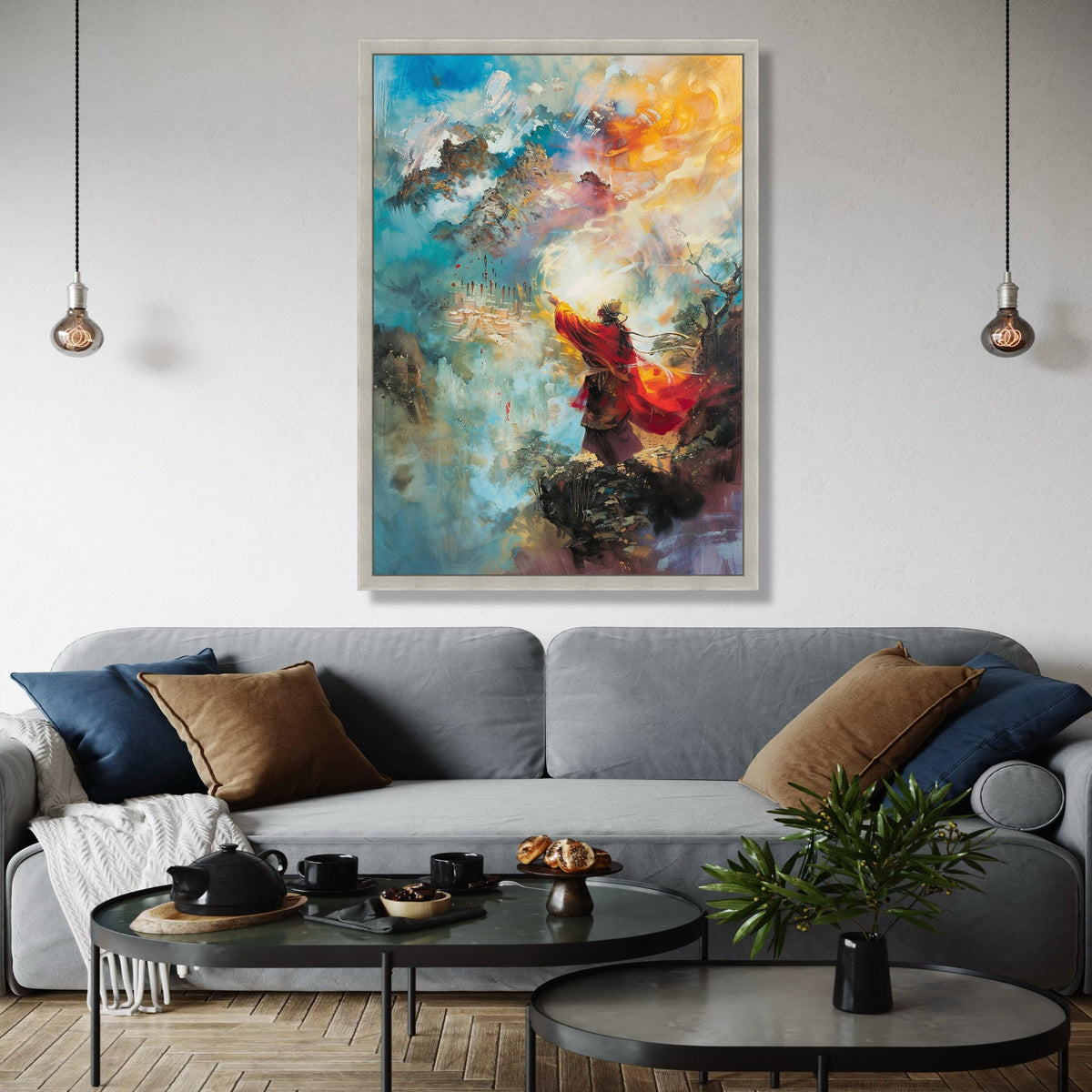 Mystical Mountain Sage Canvas, Spiritual Abstract Wall Art, Vibrant Red Robe Figure, Fantasy Landscape Canvas, Gift Art, Home Decor, Print