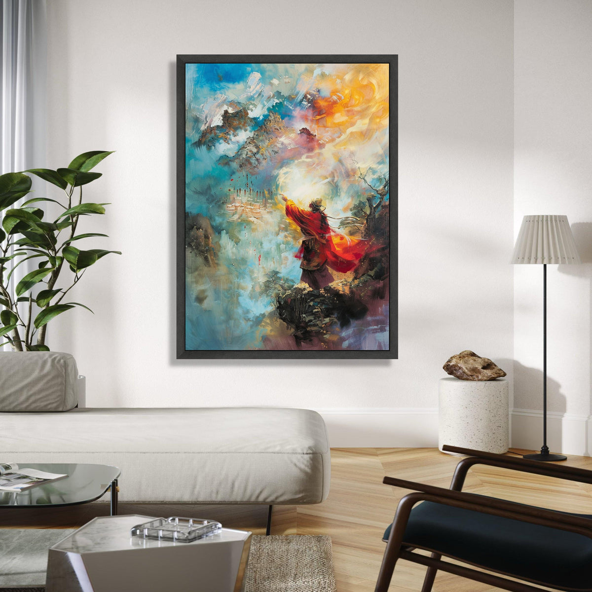 Mystical Mountain Sage Canvas, Spiritual Abstract Wall Art, Vibrant Red Robe Figure, Fantasy Landscape Canvas, Gift Art, Home Decor, Print
