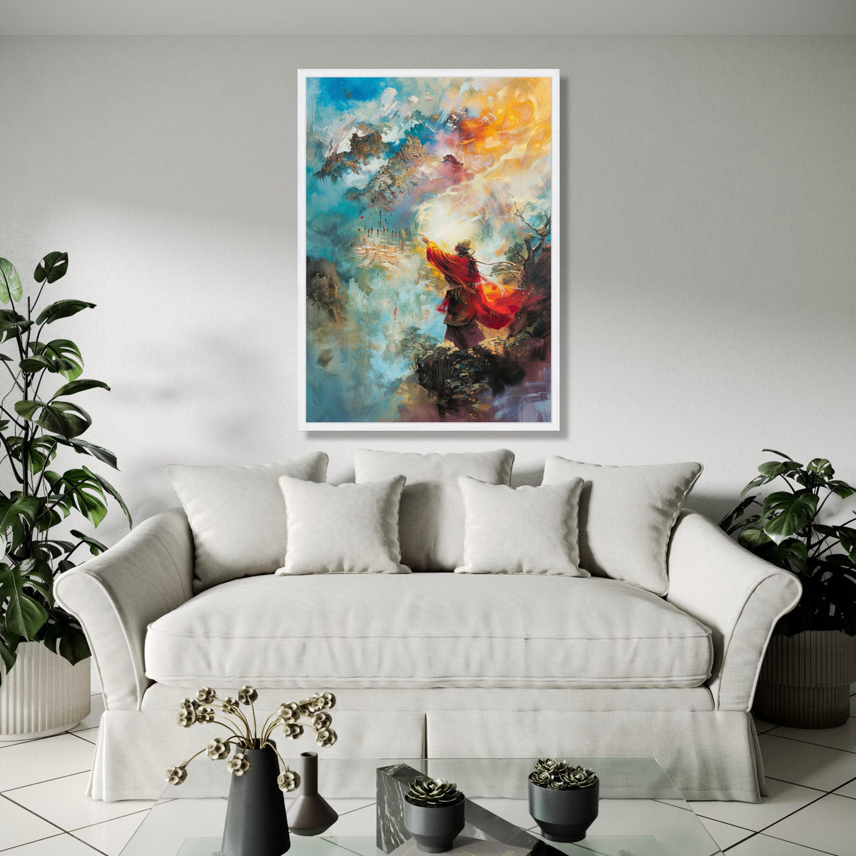 Mystical Mountain Sage Canvas, Spiritual Abstract Wall Art, Vibrant Red Robe Figure, Fantasy Landscape Canvas, Gift Art, Home Decor, Print