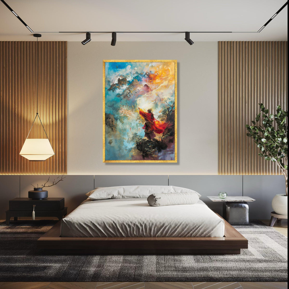 Mystical Mountain Sage Canvas, Spiritual Abstract Wall Art, Vibrant Red Robe Figure, Fantasy Landscape Canvas, Gift Art, Home Decor, Print