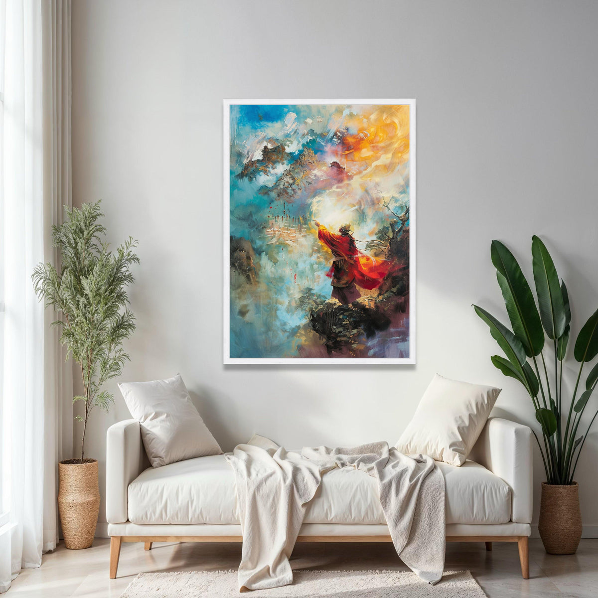 Mystical Mountain Sage Canvas, Spiritual Abstract Wall Art, Vibrant Red Robe Figure, Fantasy Landscape Canvas, Gift Art, Home Decor, Print