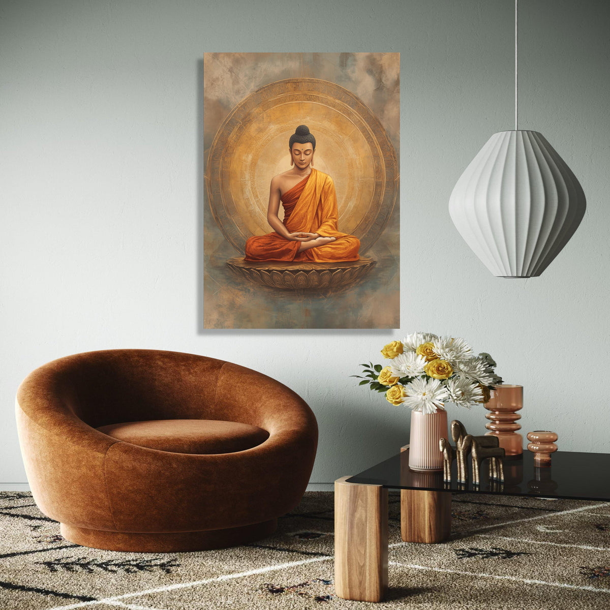Meditating Buddha Canvas Wall Art, Zen Spiritual Decor, Orange Robe Buddhist Artwork, Tranquil Meditation Gift Art, Home Decor, Print