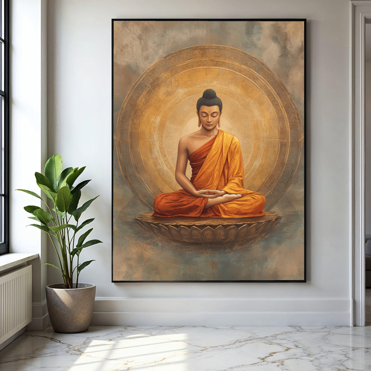 Meditating Buddha Canvas Wall Art, Zen Spiritual Decor, Orange Robe Buddhist Artwork, Tranquil Meditation Gift Art, Home Decor, Print
