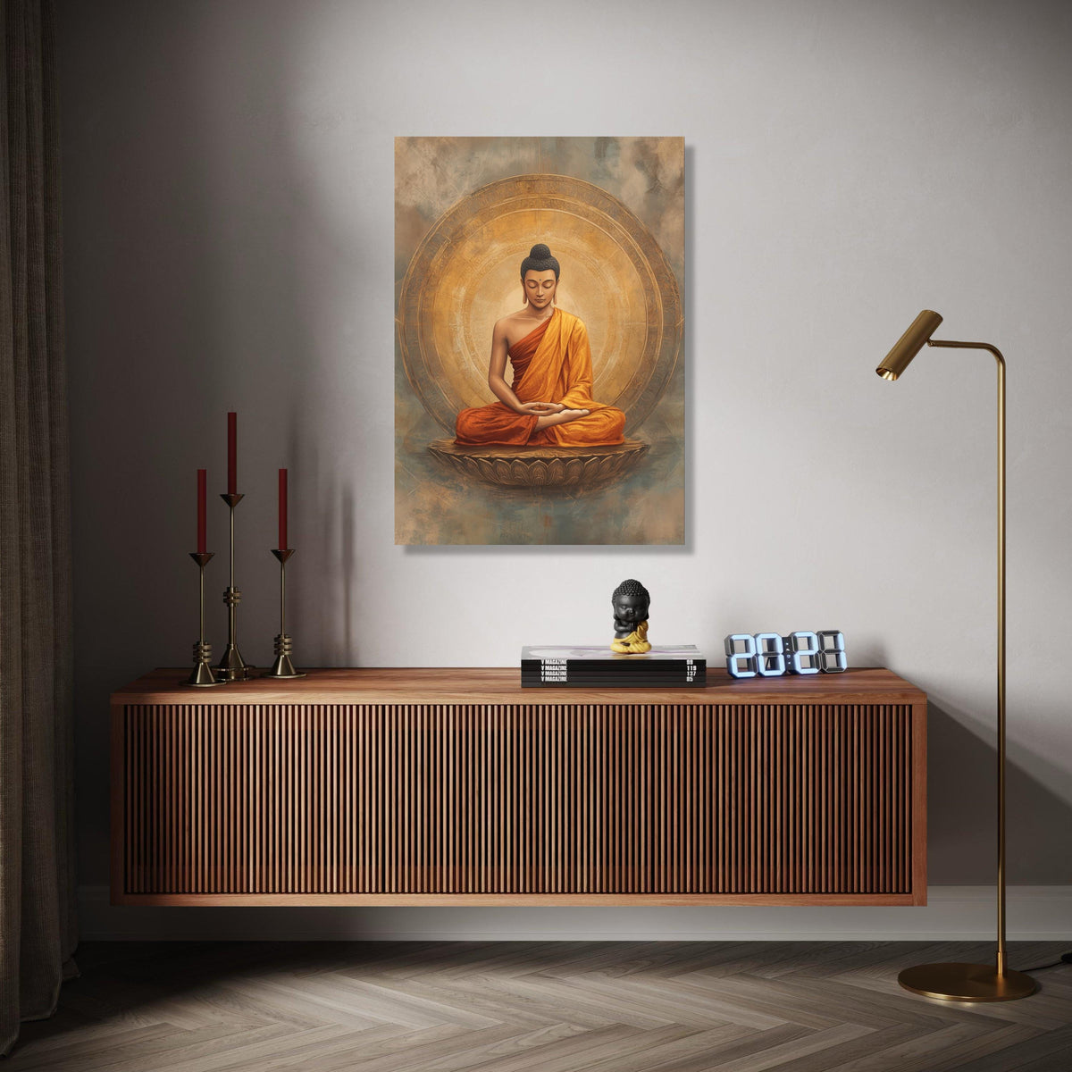 Meditating Buddha Canvas Wall Art, Zen Spiritual Decor, Orange Robe Buddhist Artwork, Tranquil Meditation Gift Art, Home Decor, Print
