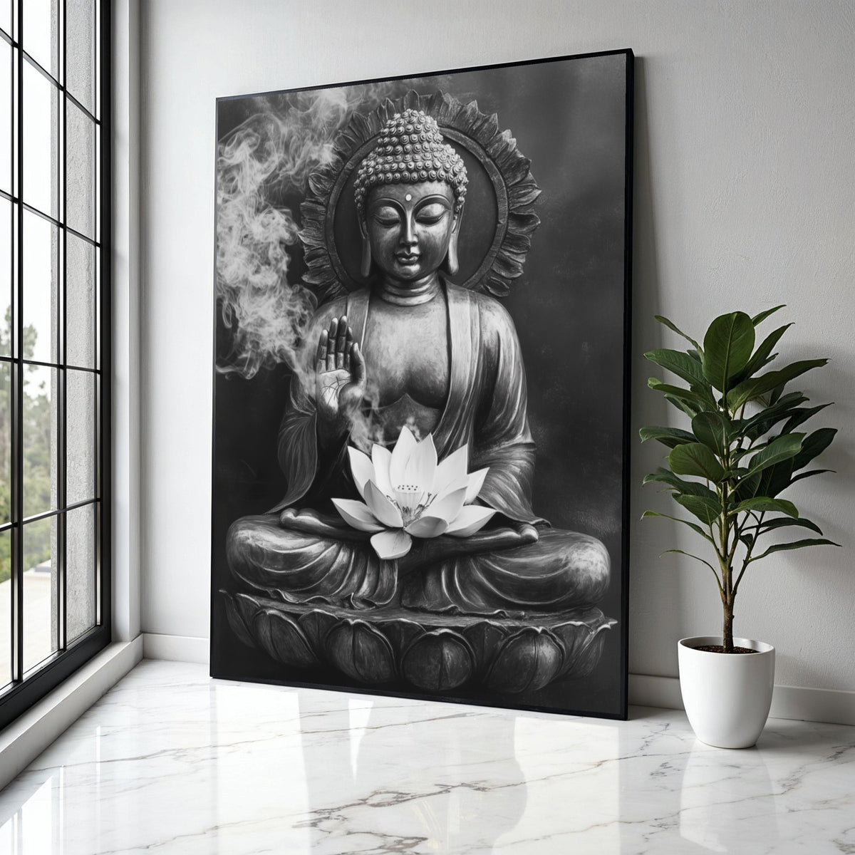 Serene Buddha Statue Canvas Wall Art, Meditative Lotus Flower, Zen Home Decor, Spiritual Meditation Art, Gift Art, Home Decor, Print