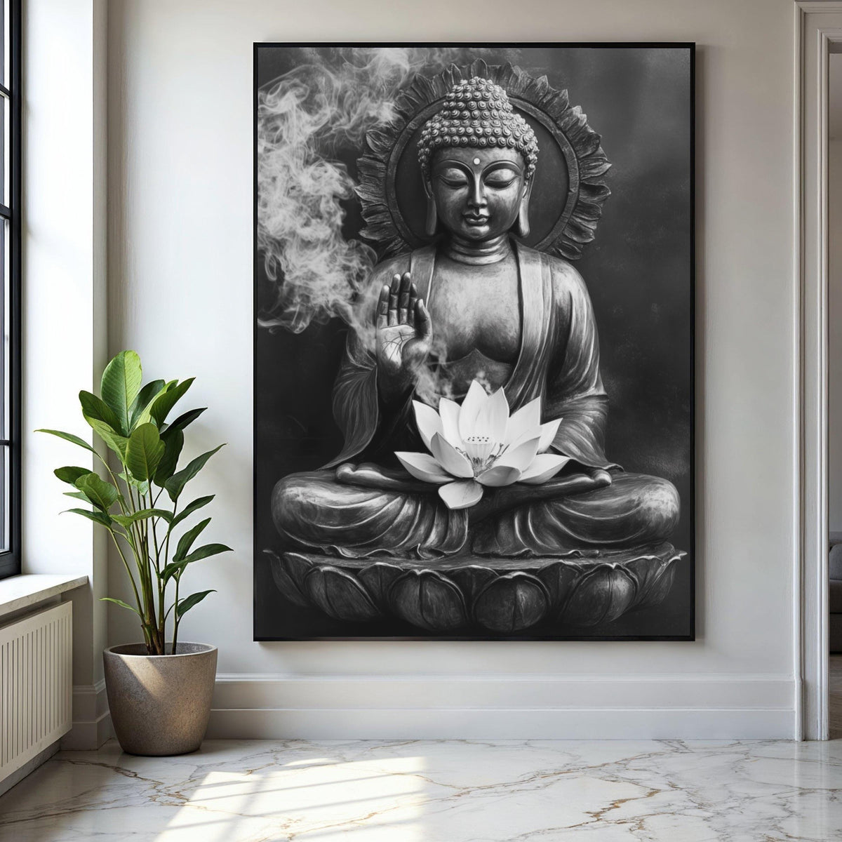 Serene Buddha Statue Canvas Wall Art, Meditative Lotus Flower, Zen Home Decor, Spiritual Meditation Art, Gift Art, Home Decor, Print