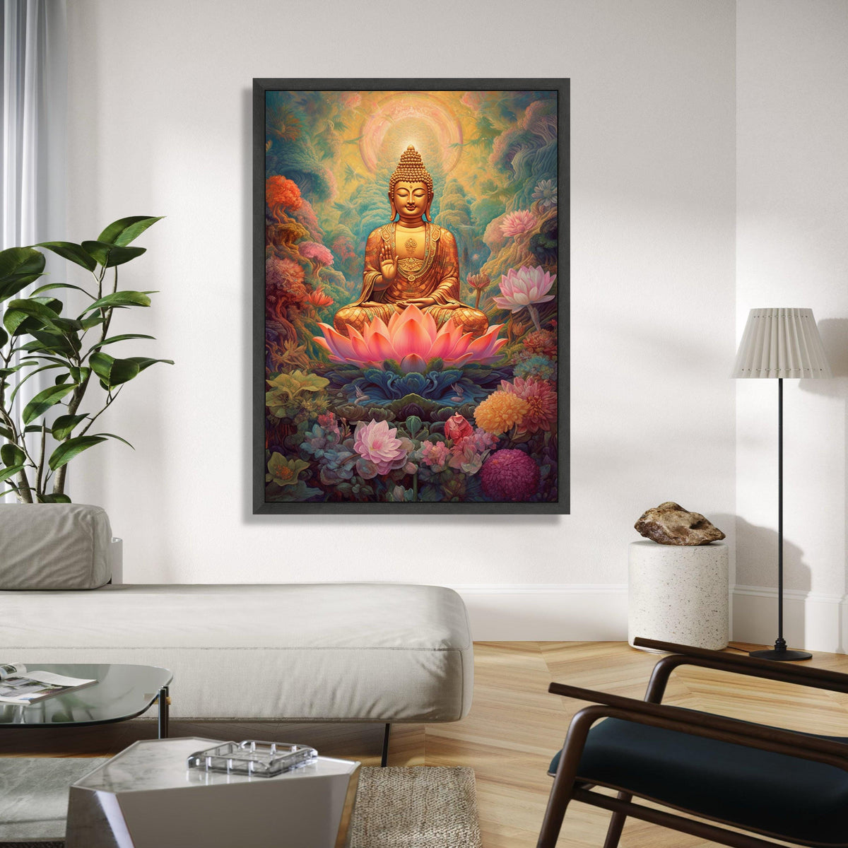 Golden Buddha Meditation Canvas, Lotus Flower Spiritual Wall Art, Peaceful Zen Decor, Asian Sacred Art Print, Gift Art, Home Decor, Print