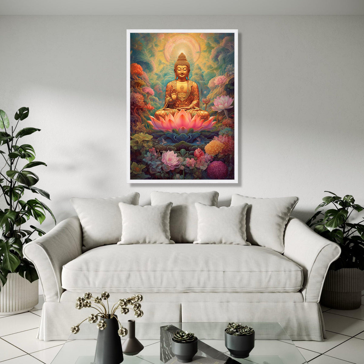 Golden Buddha Meditation Canvas, Lotus Flower Spiritual Wall Art, Peaceful Zen Decor, Asian Sacred Art Print, Gift Art, Home Decor, Print