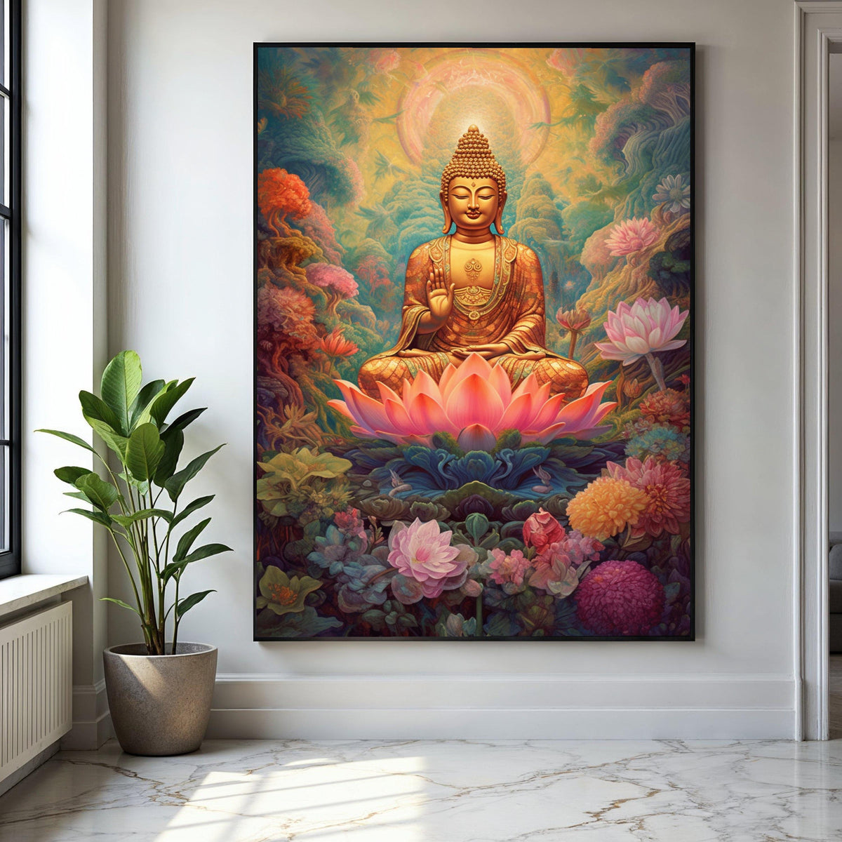Golden Buddha Meditation Canvas, Lotus Flower Spiritual Wall Art, Peaceful Zen Decor, Asian Sacred Art Print, Gift Art, Home Decor, Print